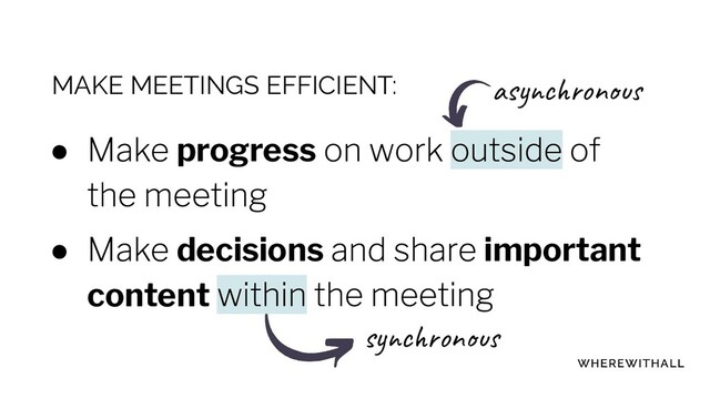 MAKE MEETINGS EFFICIENT:
● progress
● decisions important
content
asynchronous
synchronous
