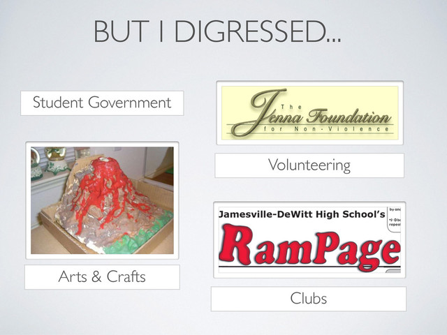 BUT I DIGRESSED...
Arts & Crafts
Volunteering
Clubs
Student Government
