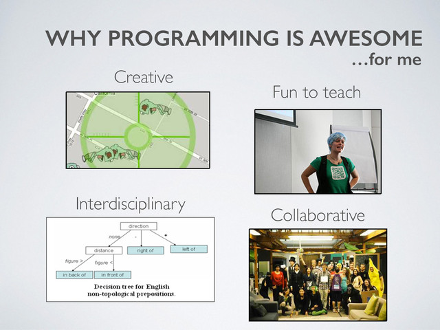 WHY PROGRAMMING IS AWESOME
Collaborative
Creative
Fun to teach
Interdisciplinary
…for me
