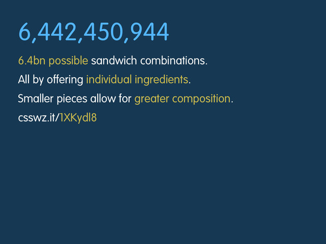 6,442,450,944
6.4bn possible sandwich combinations.
All by offering individual ingredients.
Smaller pieces allow for greater composition.
csswz.it/1XKydl8
