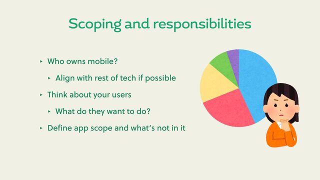 Scoping and responsibilities
‣ Who owns mobile?
‣ Align with rest of tech if possible
‣ Think about your users
‣ What do they want to do?
‣ Deﬁne app scope and what’s not in it
