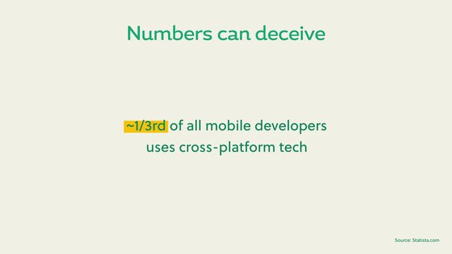 Numbers can deceive
Source: Statista.com
~1/3rd of all mobile developers
uses cross-platform tech
