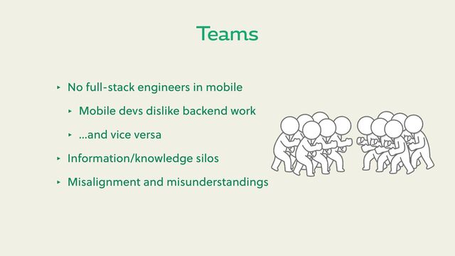 Teams
‣ No full-stack engineers in mobile
‣ Mobile devs dislike backend work
‣ …and vice versa
‣ Information/knowledge silos
‣ Misalignment and misunderstandings

