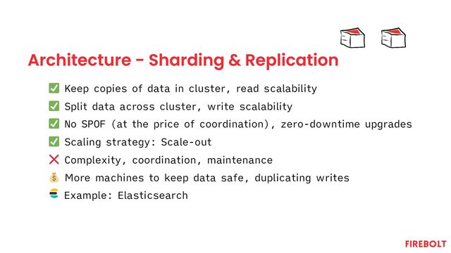 Architecture - Sharding & Replication
Keep copies of data in cluster, read scalability
Split data across cluster, write scalability
No SPOF (at the price of coordination), zero-downtime upgrades
Scaling strategy: Scale-out
Complexity, coordination, maintenance
More machines to keep data safe, duplicating writes
Example: Elasticsearch
