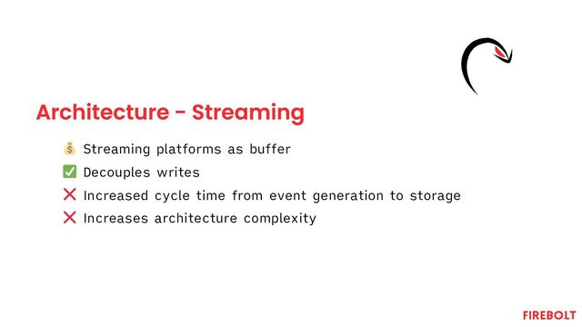Architecture - Streaming
Streaming platforms as buffer
Decouples writes
Increased cycle time from event generation to storage
Increases architecture complexity
