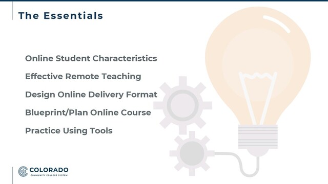 The Essentials
Online Student Characteristics
Effective Remote Teaching
Design Online Delivery Format
Blueprint/Plan Online Course
Practice Using Tools
