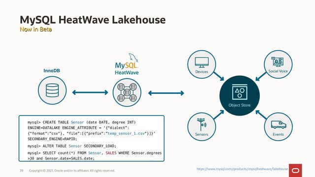 Copyright © 2023, Oracle and/or its affiliates. All rights reserved.
39
Now in Beta
Now in Beta
MySQL HeatWave Lakehouse
InnoDB
mysql> CREATE TABLE Sensor (date DATE, degree INT)
ENGINE=DATALAKE ENGINE_ATTRIBUTE = ‘{“dialect”:
{“format”:”csv”}, “file”:[{“prefix”:”temp_sensor_1.csv”}]}’
SECONDARY_ENGINE=RAPID;
mysql> ALTER TABLE Sensor SECONDARY_LOAD;
mysql> SELECT count(*) FROM Sensor, SALES WHERE Sensor.degrees
>30 and Sensor.date=SALES.date;
Object Store
Devices Social Voice
Sensors Events
https://www.mysql.com/products/mysqlheatwave/lakehouse
