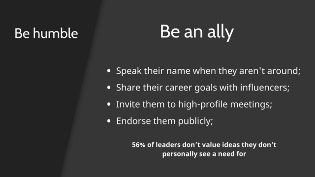 Be humble
• Speak their name when they aren't around;
• Share their career goals with influencers;
• Invite them to high-profile meetings;
• Endorse them publicly;
Be an ally
56% of leaders don’t value ideas they don’t
personally see a need for
