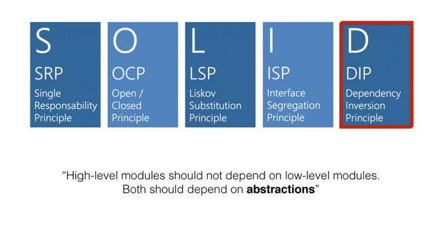 “High-level modules should not depend on low-level modules.
Both should depend on abstractions”
