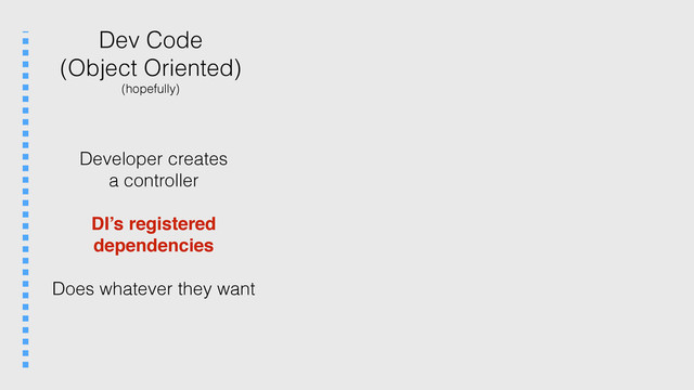 Dev Code
(Object Oriented)
(hopefully)
Developer creates
a controller
DI’s registered
dependencies
Does whatever they want
