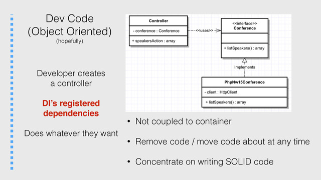 Dev Code
(Object Oriented)
(hopefully)
Developer creates
a controller
DI’s registered
dependencies
Does whatever they want
• Not coupled to container
• Remove code / move code about at any time
• Concentrate on writing SOLID code
