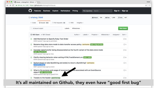It’s all maintained on Github, they even have “good ﬁrst bug”
