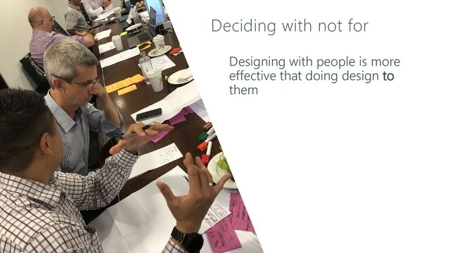 Designing with people is more
effective that doing design to
them
Deciding with not for
