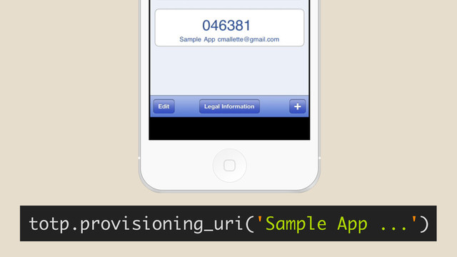 totp.provisioning_uri('Sample App ...')
