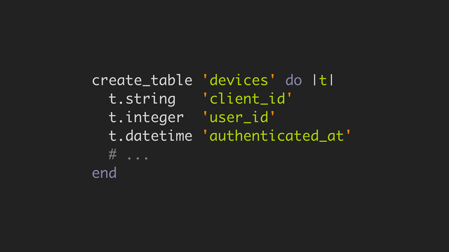 create_table 'devices' do |t|
t.string 'client_id'
t.integer 'user_id'
t.datetime 'authenticated_at'
# ...
end

