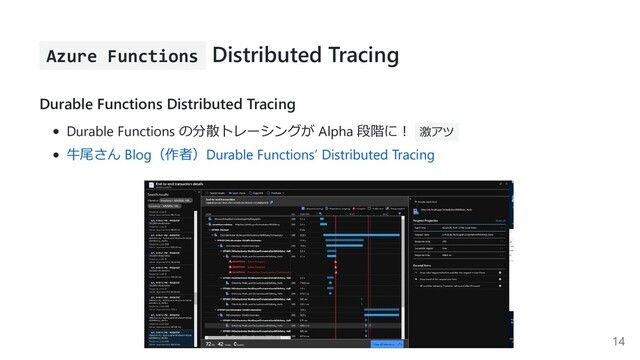 Azure Functions Distributed Tracing
Durable Functions Distributed Tracing
Durable Functions の分散トレーシングが Alpha 段階に︕ 激アツ
⽜尾さん Blog（作者）Durable Functions’ Distributed Tracing
14
