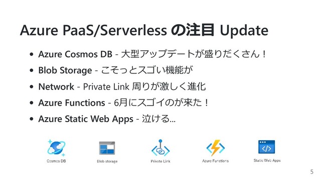 Azure PaaS/Serverless の注⽬ Update
Azure Cosmos DB - ⼤型アップデートが盛りだくさん︕
Blob Storage - こそっとスゴい機能が
Network - Private Link 周りが激しく進化
Azure Functions - 6⽉にスゴイのが来た︕
Azure Static Web Apps - 泣ける...
5

