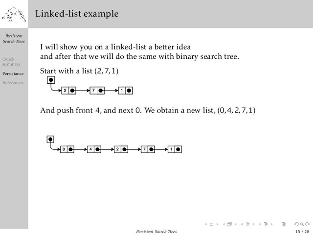 Persistent
Search Trees
Quick
summary
Persistance
References
Linked-list example
I will show you on a linked-list a better idea
and after that we will do the same with binary search tree.
Start with a list (2
,
7
,
1)
And push front 4, and next 0. We obtain a new list, (0
,
4
,
2
,
7
,
1)
Persistent Search Trees 15 / 28
