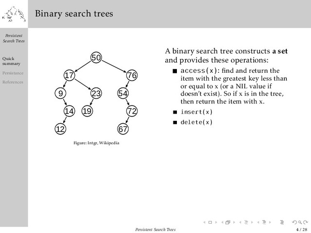 Persistent
Search Trees
Quick
summary
Persistance
References
Binary search trees
12
23 54
76
9
14 19
67
50
17
72
Figure: Intgr, Wikipedia
A binary search tree constructs a set
and provides these operations:
access(x): ﬁnd and return the
item with the greatest key less than
or equal to x (or a NIL value if
doesn’t exist). So if x is in the tree,
then return the item with x.
insert(x)
delete(x)
Persistent Search Trees 4 / 28
