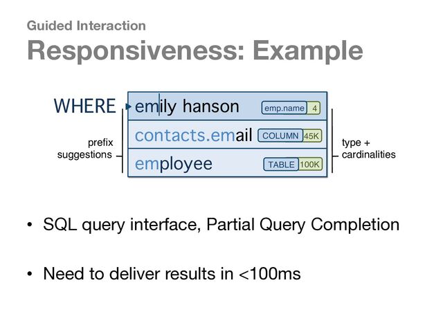 Guided Interaction
Responsiveness: Example
• SQL query interface, Partial Query Completion
• Need to deliver results in <100ms
WHERE emily hanson
contacts.email
employee
preﬁx
suggestions
type +
cardinalities
4
.

emp.name
45K
.

COLUMN
100K
.

TABLE
