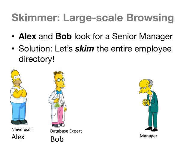 Skimmer: Large-scale Browsing
Naïve user
Alex
Database Expert
Bob Manager
• Alex and Bob look for a Senior Manager
• Solution: Let’s skim the entire employee
directory!
