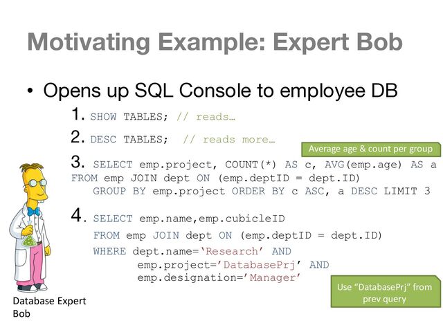 Motivating Example: Expert Bob
• Opens up SQL Console to employee DB
1. SHOW TABLES; // reads…
2. DESC TABLES; // reads more…
3. SELECT emp.project, COUNT(*) AS c, AVG(emp.age) AS a
FROM emp JOIN dept ON (emp.deptID = dept.ID)
GROUP BY emp.project ORDER BY c ASC, a DESC LIMIT 3
4. SELECT emp.name,emp.cubicleID
FROM emp JOIN dept ON (emp.deptID = dept.ID)
WHERE dept.name=‘Research’ AND
emp.project=’DatabasePrj’ AND
emp.designation=’Manager’
Database Expert
Bob
Average age & count per group
Use “DatabasePrj” from
prev query

