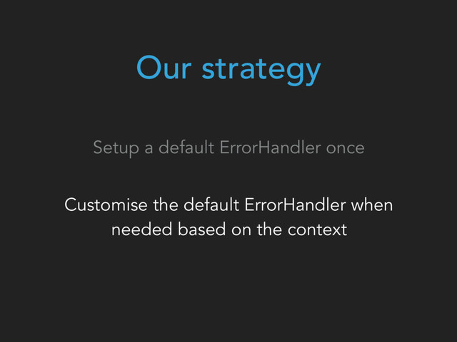 Our strategy
Setup a default ErrorHandler once
Customise the default ErrorHandler when
needed based on the context
