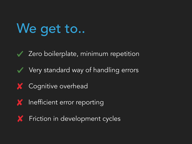 We get to..
Cognitive overhead
Inefficient error reporting
Zero boilerplate, minimum repetition
Very standard way of handling errors
Friction in development cycles
