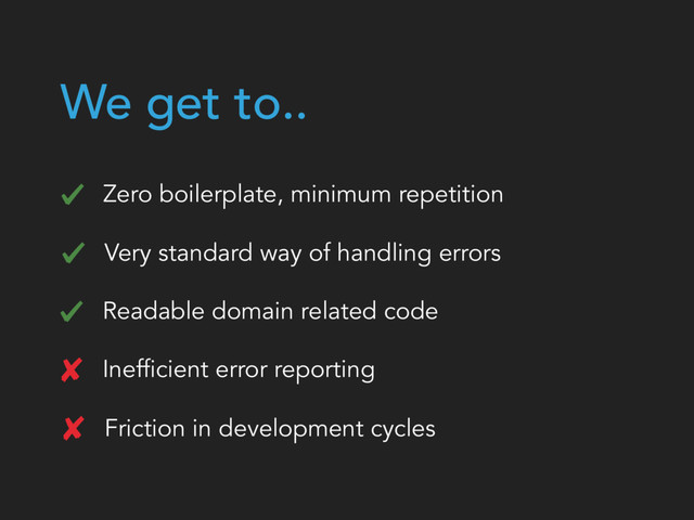 We get to..
Inefficient error reporting
Zero boilerplate, minimum repetition
Very standard way of handling errors
Readable domain related code
Friction in development cycles
