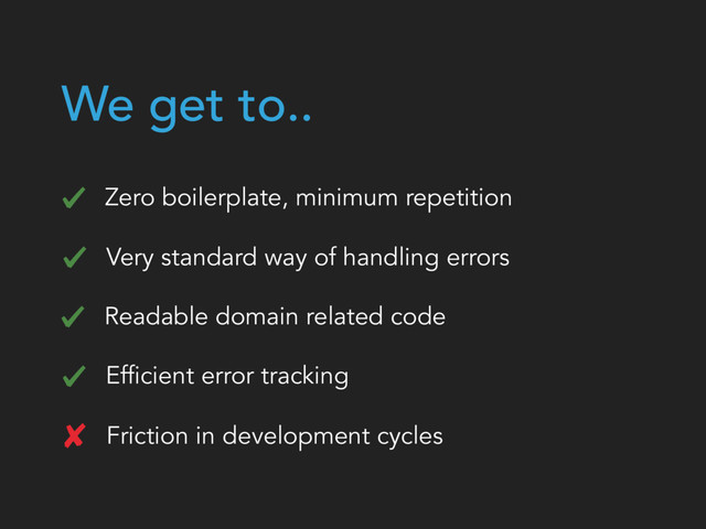 We get to..
Zero boilerplate, minimum repetition
Very standard way of handling errors
Readable domain related code
Efficient error tracking
Friction in development cycles
