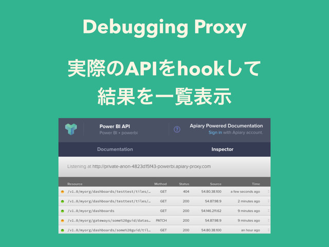 Debugging Proxy
࣮ࡍͷAPIΛhookͯ͠
݁ՌΛҰཡදࣔ
