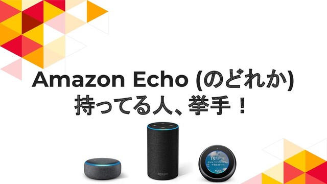 Amazon Echo (のどれか)
持ってる人、挙手！
