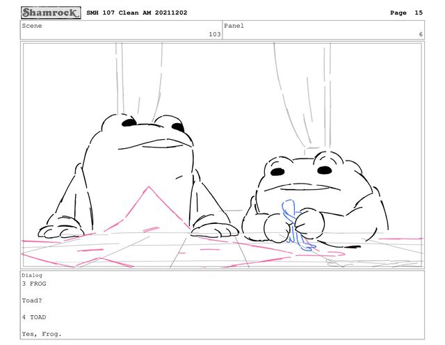 Scene
103
Panel
6
Dialog
3 FROG
Toad?
4 TOAD
Yes, Frog.
SMH 107 Clean AM 20211202 Page 15
