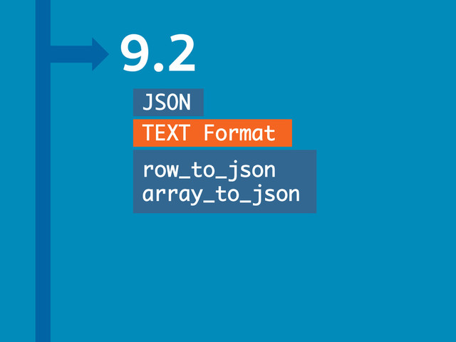 9.2
JSON
TEXT Format
row_to_json
array_to_json
