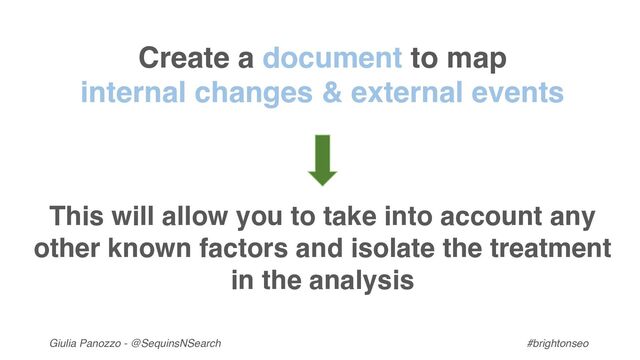 Giulia Panozzo - @SequinsNSearch #brightonseo
Create a document to map
internal changes & external events
This will allow you to take into account any
other known factors and isolate the treatment
in the analysis
