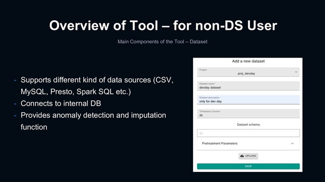 Main Components of the Tool – Dataset
Overview of Tool – for non-DS User
- Supports different kind of data sources (CSV,
MySQL, Presto, Spark SQL etc.)
- Connects to internal DB
- Provides anomaly detection and imputation
function
