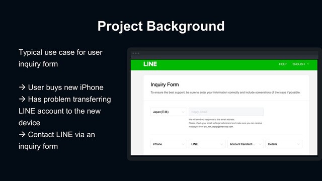 Typical use case for user
inquiry form
à User buys new iPhone
à Has problem transferring
LINE account to the new
device
à Contact LINE via an
inquiry form
Project Background
