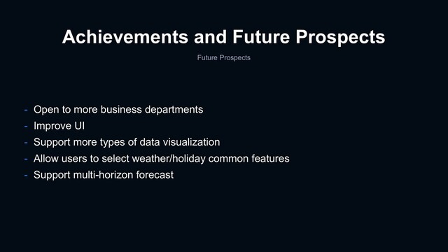 Achievements and Future Prospects
- Open to more business departments
- Improve UI
- Support more types of data visualization
- Allow users to select weather/holiday common features
- Support multi-horizon forecast
Future Prospects
