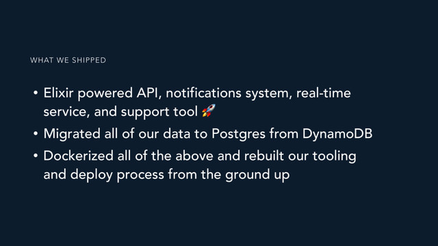 • Elixir powered API, notifications system, real-time
service, and support tool 
• Migrated all of our data to Postgres from DynamoDB
• Dockerized all of the above and rebuilt our tooling
and deploy process from the ground up
WHAT WE SHIPPED
