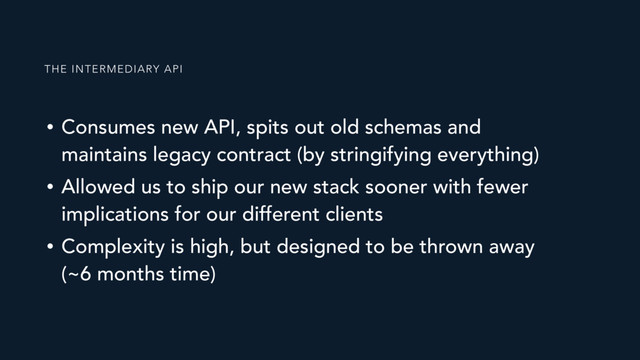 • Consumes new API, spits out old schemas and
maintains legacy contract (by stringifying everything)
• Allowed us to ship our new stack sooner with fewer
implications for our different clients
• Complexity is high, but designed to be thrown away
(~6 months time)
THE INTERMEDIARY API
