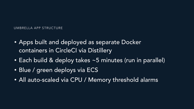 • Apps built and deployed as separate Docker
containers in CircleCI via Distillery
• Each build & deploy takes ~5 minutes (run in parallel)
• Blue / green deploys via ECS
• All auto-scaled via CPU / Memory threshold alarms
UMBRELLA APP STRUCTURE
