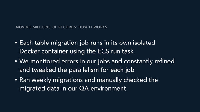 MOVING MILLIONS OF RECORDS: HOW IT WORKS
• Each table migration job runs in its own isolated
Docker container using the ECS run task
• We monitored errors in our jobs and constantly refined
and tweaked the parallelism for each job
• Ran weekly migrations and manually checked the
migrated data in our QA environment
