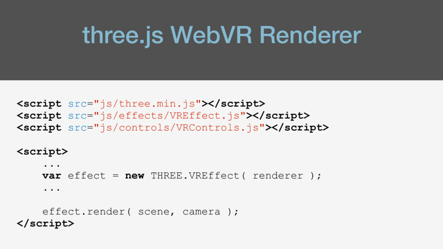 three.js WebVR Renderer




...
var effect = new THREE.VREffect( renderer );
...
effect.render( scene, camera );


