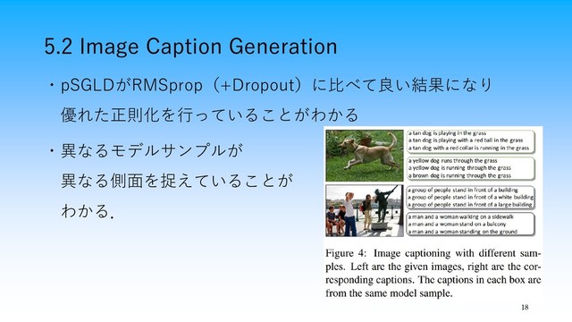 5.2 Image Caption Generation
18
・pSGLDがRMSprop（+Dropout）に比べて良い結果になり
優れた正則化を行っていることがわかる
・異なるモデルサンプルが
異なる側面を捉えていることが
わかる．
