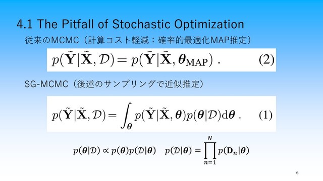 4.1 The Pitfall of Stochastic Optimization
6
従来のMCMC（計算コスト軽減：確率的最適化MAP推定）
SG-MCMC（後述のサンプリングで近似推定）
   ∝         = �
=1

 

