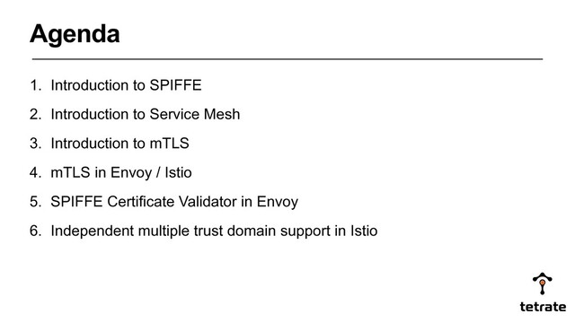 1. Introduction to SPIFFE
2. Introduction to Service Mesh
3. Introduction to mTLS
4. mTLS in Envoy / Istio
5. SPIFFE Certificate Validator in Envoy
6. Independent multiple trust domain support in Istio
Agenda
