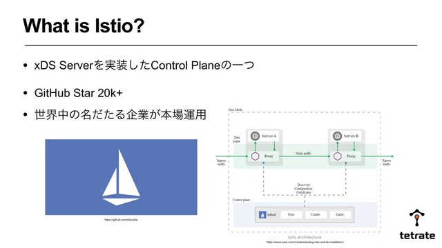 What is Istio?
• xDS ServerΛ࣮૷ͨ͠Control PlaneͷҰͭ
• GitHub Star 20k+
• ੈքதͷ໊ͩͨΔاۀ͕ຊ৔ӡ༻
https://www.suse.com/c/understanding-istio-and-its-installation/
https://github.com/istio/istio

