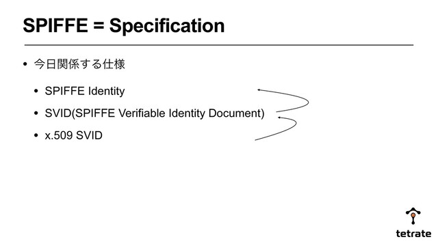 • ࠓ೔ؔ܎͢Δ࢓༷
• SPIFFE Identity
• SVID(SPIFFE Verifiable Identity Document)
• x.509 SVID
SPIFFE = Specification
