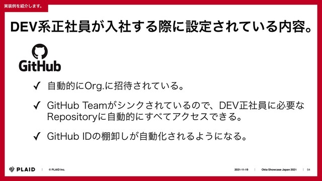54
2021-11-19ɹɹʛɹɹOkta Showcase Japan 2021ɹɹʛɹ
ɹɹʛɹɹ© PLAID Inc.
࣮૷ྫΛ঺հ͠·͢ɻ
DEVܥਖ਼ࣾһ͕ೖࣾ͢Δࡍʹઃఆ͞Ε͍ͯΔ಺༰ɻ
✓ ࣗಈతʹ0SHʹট଴͞Ε͍ͯΔɻ
✓ (JU)VC5FBN͕γϯΫ͞Ε͍ͯΔͷͰɺ%&7ਖ਼ࣾһʹඞཁͳ
3FQPTJUPSZʹࣗಈతʹ͢΂ͯΞΫηεͰ͖Δɻ
✓ (JU)VC*%ͷ୨Է͕ࣗ͠ಈԽ͞ΕΔΑ͏ʹͳΔɻ
