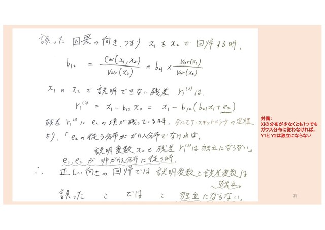 39
対偶：
Xiの分布が少なくとも１つでも
ガウス分布に従わなければ，
Y1と Y2は独立にならない

